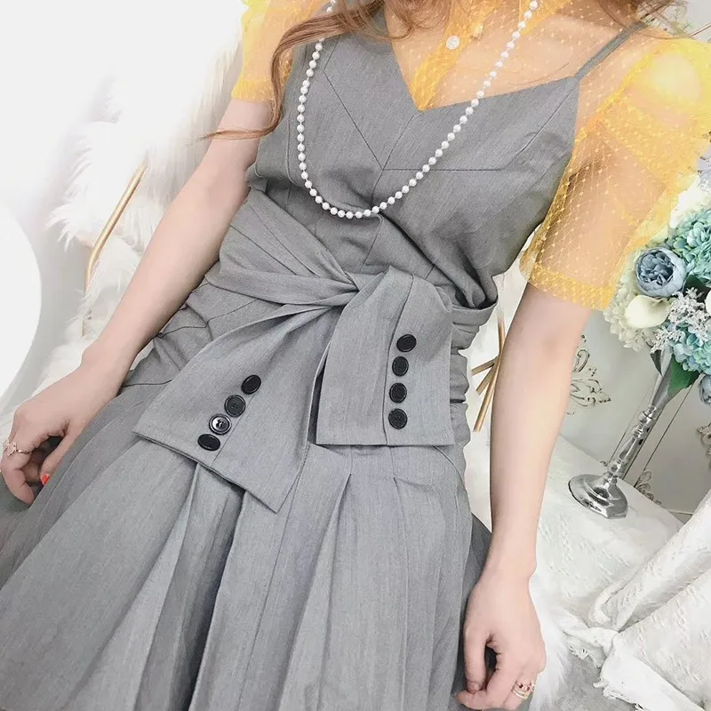 

GALCAUR Gray Women Set Polka Dot Perspective Short Sleeve Top Strap High Waist Bandage Pleated Dress Female 2020 Two Piece Sets