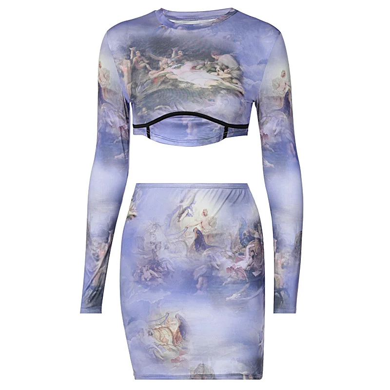 

European and American ins2021 spring and summer hot products new women's printed long-sleeved T-shirt skirt suit