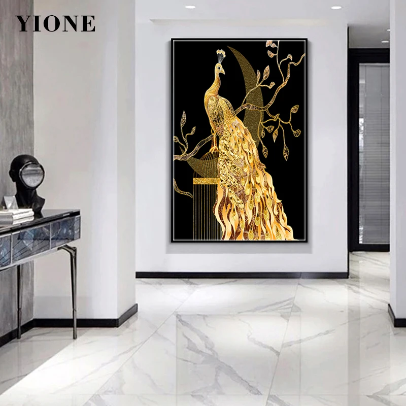 

Golden Peacock Birdcage Moon Branches Canvas Painting Custom Abstract Art Animal Poster Prints Wall Picture for Living Bedroom