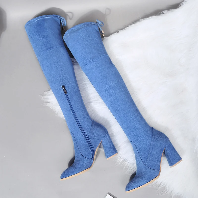 

Plus Size 33-43 Women Over The Knee Boots Block 8.5cm High Heels Long Thigh Winter Snow Boots Block Blue Heels Lady Thigh Shoes