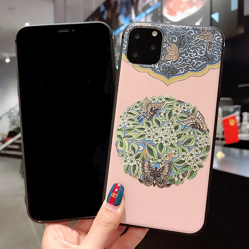 Тисненый китайский стиль Ретро цветок чехол для телефона iPhone 11 Pro Max 7 8 6S Plus XS XR ТПУ