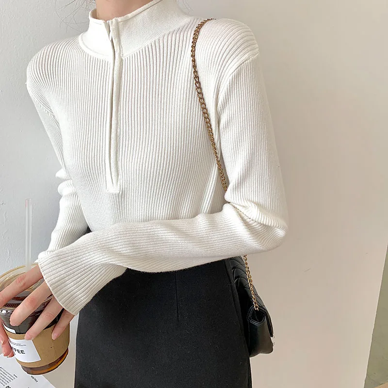 

Korean Style Autumn Winter Simple Ladies 2021 Knitted Turtleneck All-match Base Sweater Zipper Temperament Basic Pullover Tops