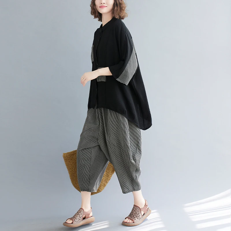 

IEQJ Casual Striped Stitching Stand-collar Shirt + Wide-leg Pants Two Pieces Suit New Loose Women Fashion Summer 2021 3F0436