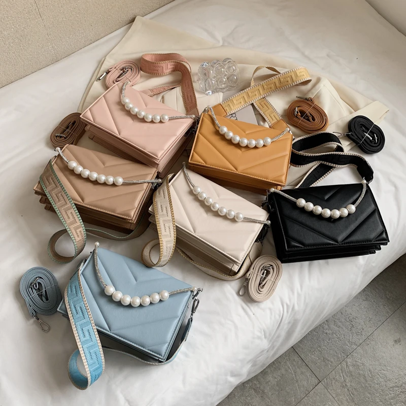 

New V-line Shape PU Leather Crossbody Bag with Short Beading Handle Shoulder Purses and Handbag for Women 2021 Brand Trends
