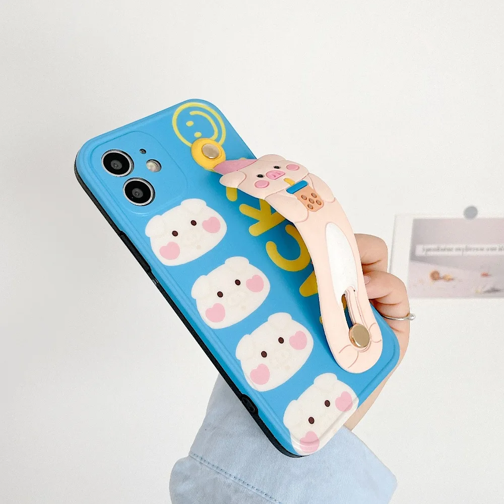 

sumkeymi Phone Case for IPhone 11 12 Pro XR XS Max Case Soft 3D Cartoon Pig Heart Wrist Strap Cover for IPhone 7 8 Plus SE 2020