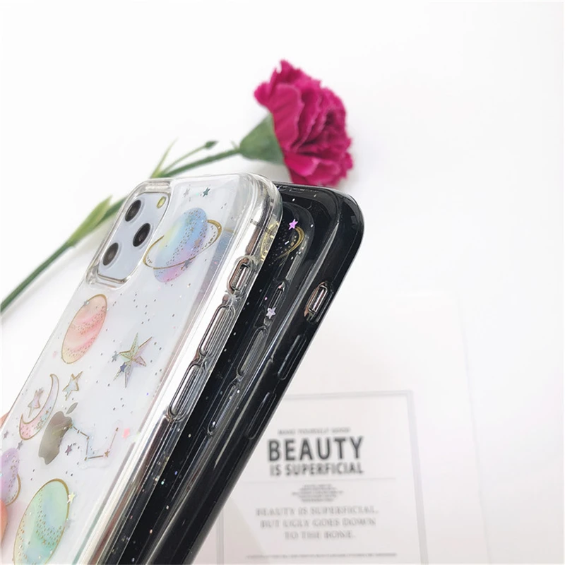 Блестящий чехол для телефона с изображением космоса планеты звезд Луны iphone 11 Pro X