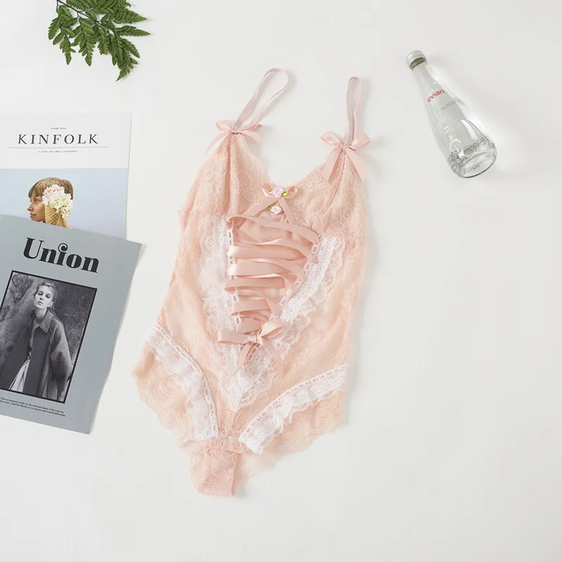Женское сексуальное нижнее белье милый бант на боди пижама с цветочным кружевом