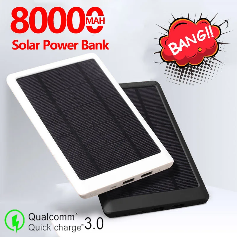 80000mAh Солнечный внешний аккумулятор водонепроницаемый 2 USB наружное портативное