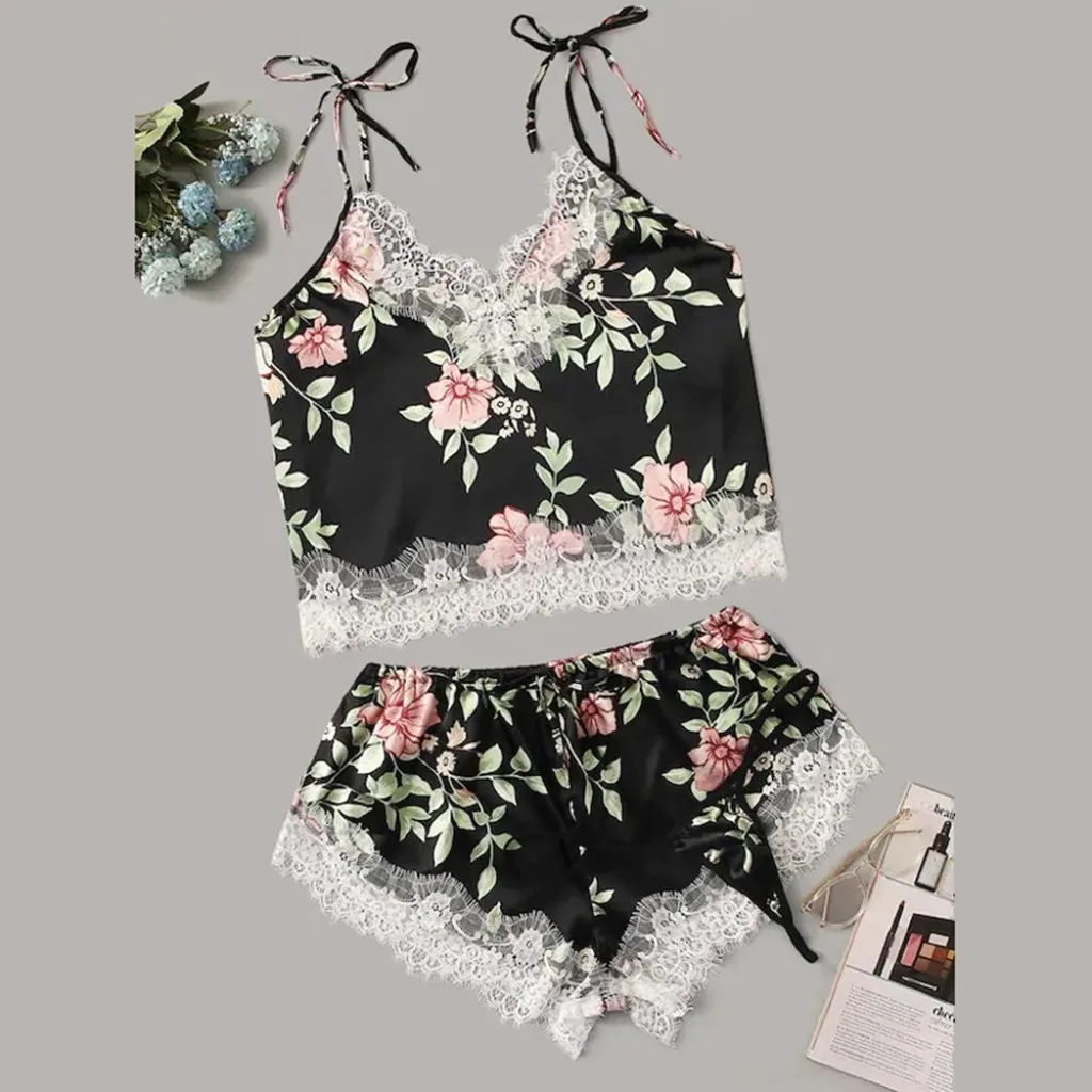 

Sexy lingerie pajamas for women Lace Pajamas Set printing pijamas women Summer Sleepwear Sexy Top And Shorts pajama set