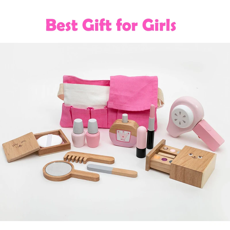 

Деревянные игрушки для салона красоты, 12 предметов, ролевый игровой набор с зеркалом для макияжа, фен для волос, чехол для косметики, лучший ...