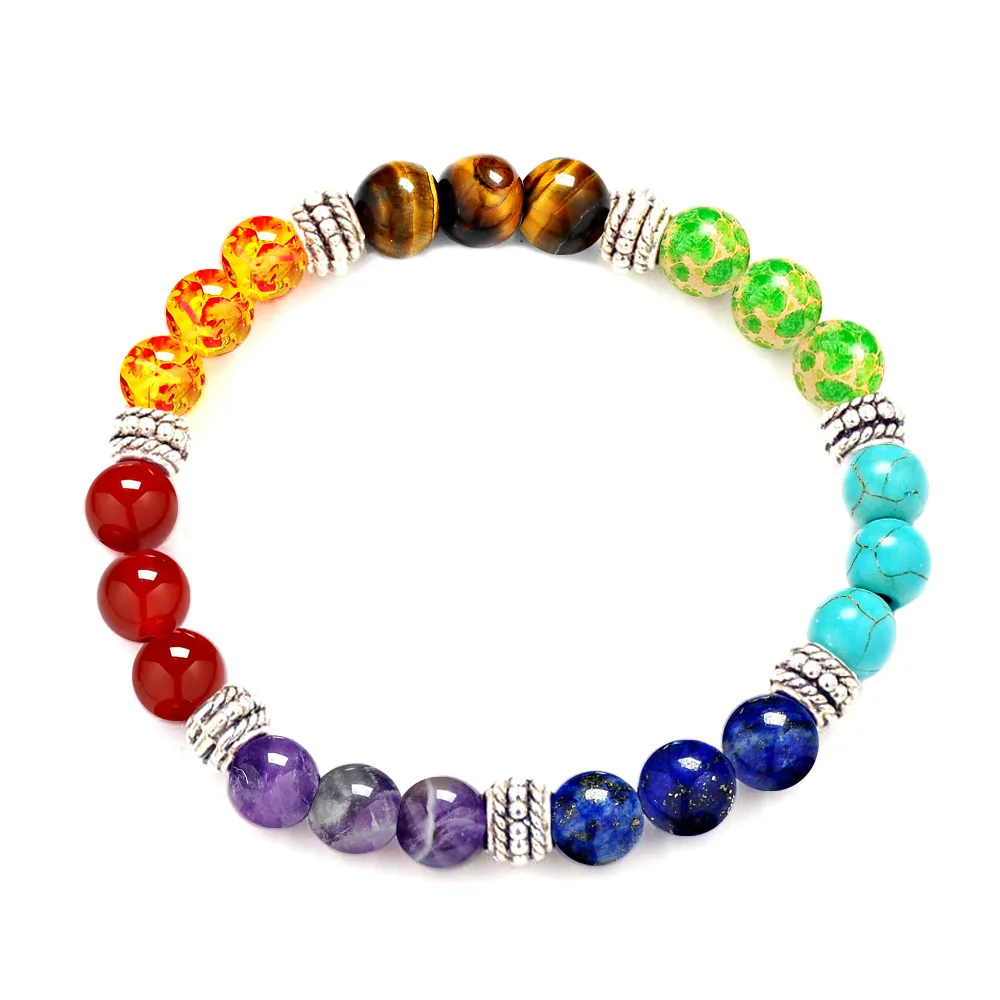 

7 Chakras Natural Stone Bracelet Purple Crystal Tiger Eyes Stone Beads Bracelet Seven Pulse Round Yoga Energy Stone Bracelets