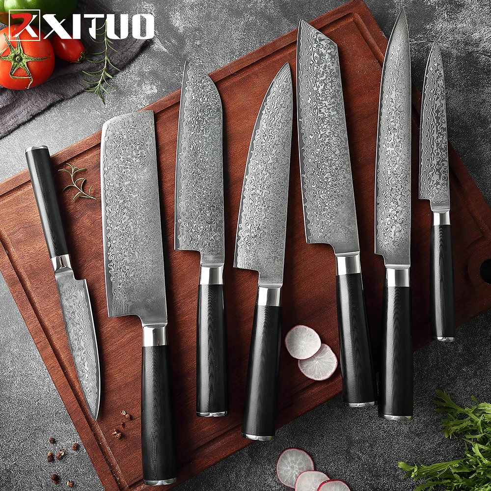 

Набор ножей шеф-повара XITUO VG10 из 7 предметов, японский кухонный нож из высокоуглеродистой дамасской стали, 67 слоев, рукоятка из черной дамасс...