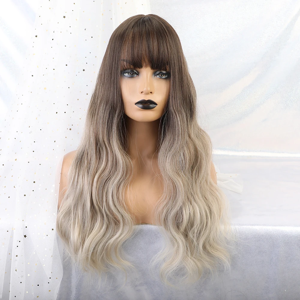 Синтетические длинные волнистые парики из натуральных волос с челкой для