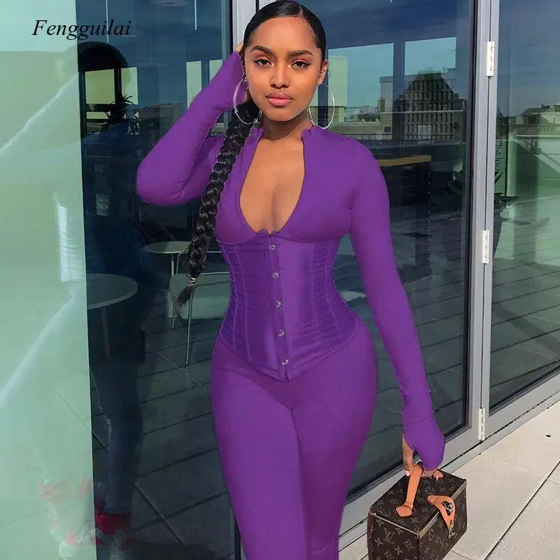 

Sexy Women Jumpsuit corset 2 pieces set Solid Color Bodycon Long Romper Women Jumpsuit Bodysuit