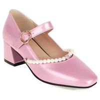 fanyuan big size 32 43 women fashion pumps square toe thick heel pearl chains buckle strap retro solid color women footwear