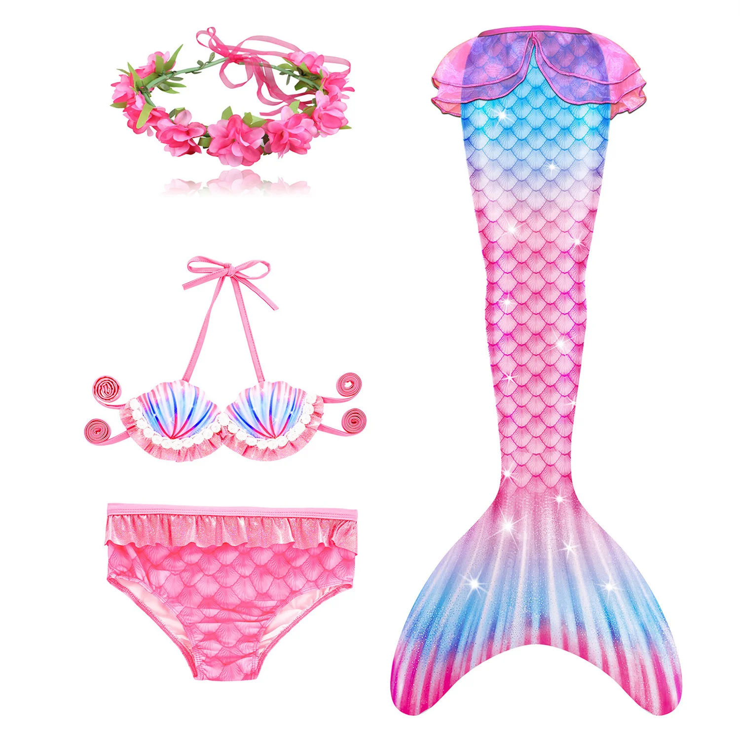 

4 шт./компл. Детский костюм Русалочки с хвостом, детский необычный купальник для косплея Русалочки, костюм на Хэллоуин для девочек, без выска...