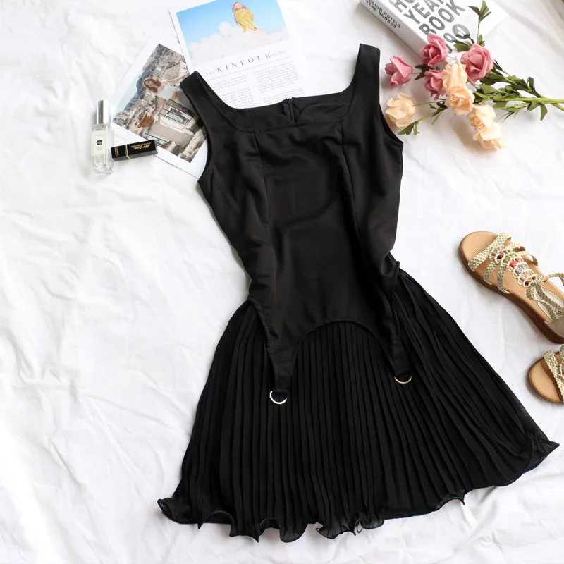

Party Mini Dress Women 2021 Summer Beach Holiday Robe Fashion Square Collar High Waist Ruffle Sleeveless Vintage Solid Dress