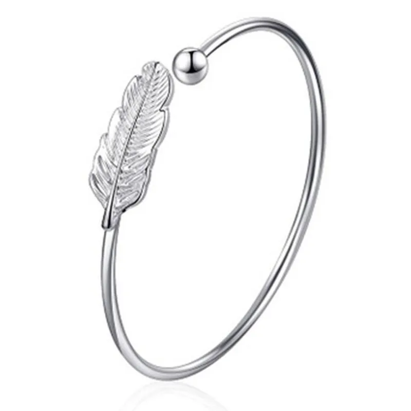 

2021 New Fashion Luxury Copper Feather Opening Bracelets Bangle For Women Christmas Gift Jewelry Silver Color Adjustable Jewelry