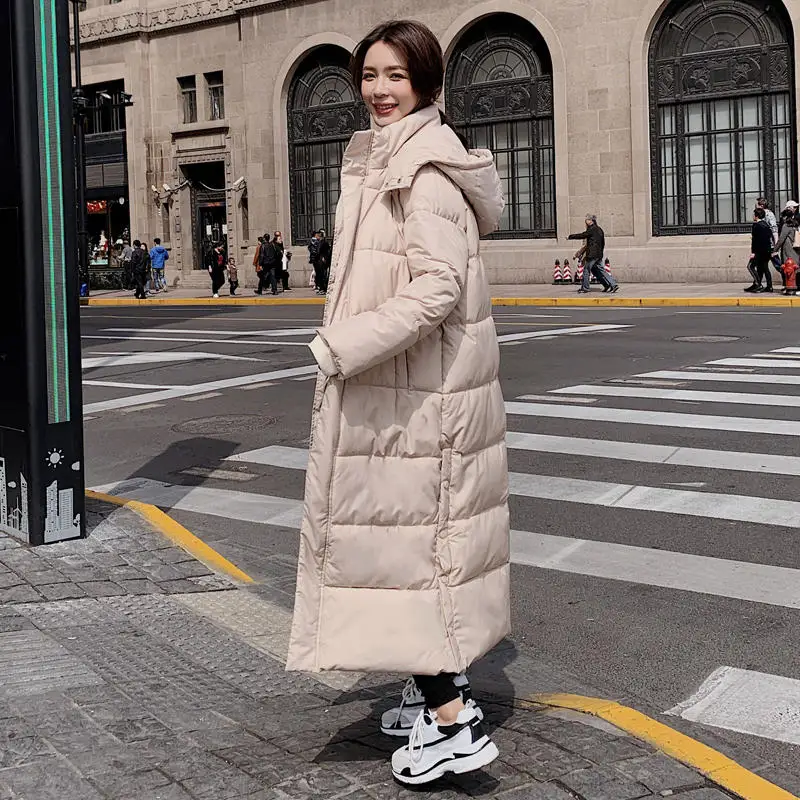 Creamy-white Parka Длинное пуховое хлопковое пальто женское мягкое свободное теплое утолщенное зимнее пальто с капюшоном негабаритное зимнее пальто с длинным рукавом женская одежда q81 - Цвет: Creamy-white Parka