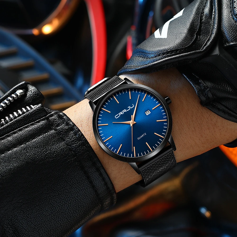 Часы мужские часы CRRJU ультратонкие минималистичные модные простые наручные