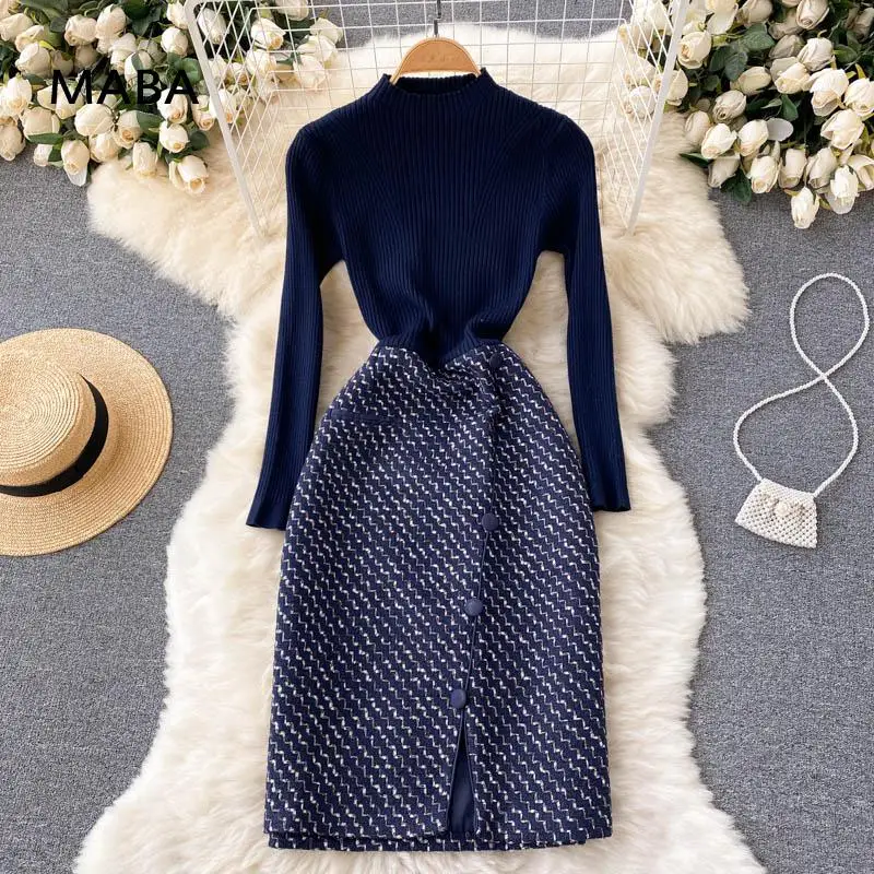 

Autumn winter women knitted patchwork dress o-neck long sleeve slim fit dark blue bottoming dress Vintage Bandage Dress 2021