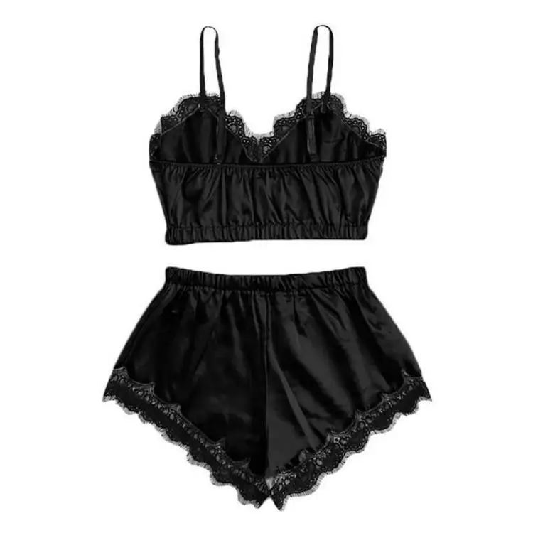 

Sexy Lace Women Pajamas Set Thin Section Blackless Lingerie Imitated Silk Fabric Underwear Sleepwear