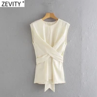 zevity women fashion o neck sleeveless solid vest shirt female cross bow tied sashes blouse roupas chic back zipper tops ls9528