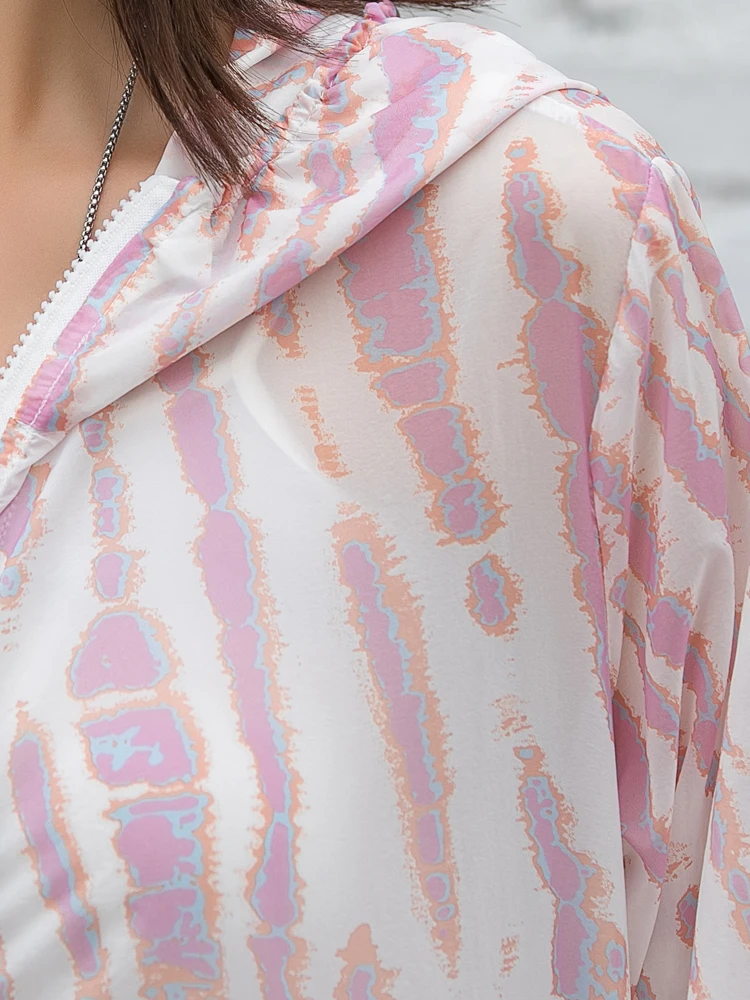 

QING MO Women Hooded Sun Protection Coat 2021 Women Streetwear Loose Coat Female Pink Striped Coat Irregular ZQY6907