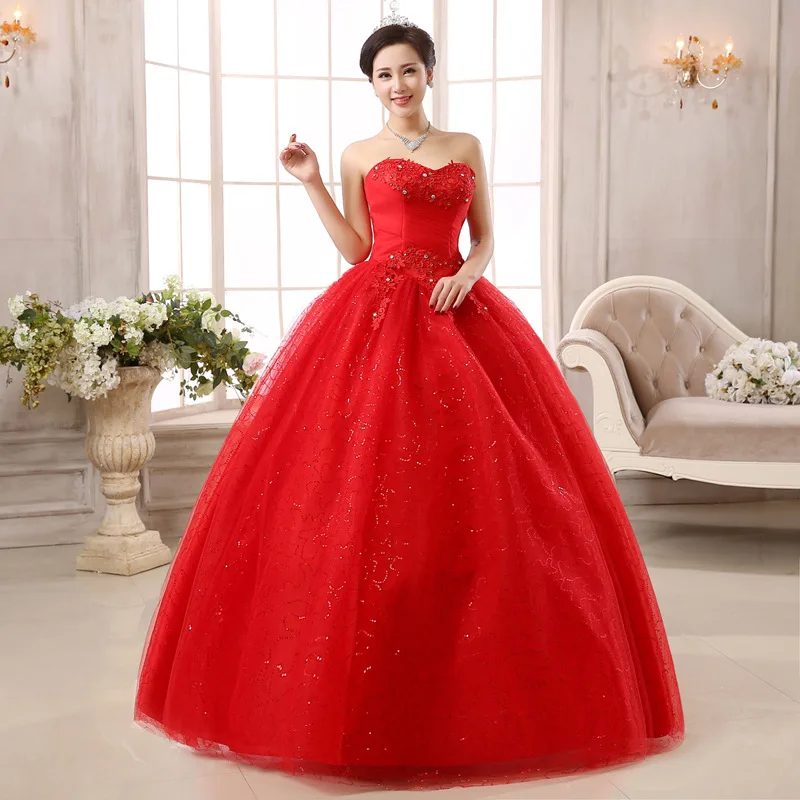 

Classic Lace Red Colorful Wedding Dress Sexy Strapless Sleeveless Tulle Sequin Shining Princess Ball Gown Vestido De Noiva L
