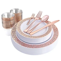 1 sets of rose gold disposable tableware set cup plastic plate table knife wedding banquet supplies