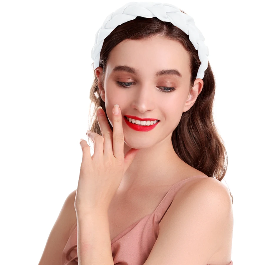 Molans White Satin Braided Headband New Crown Headbands for Women 4 CM Width Braided Aliceband Girls Black Matador Headband - Color: White