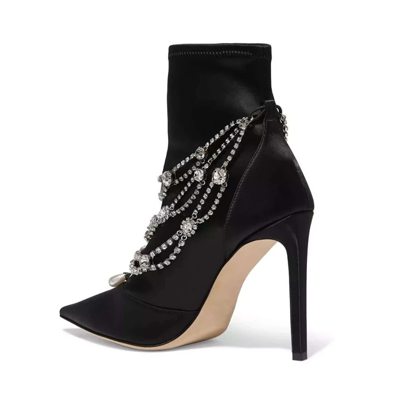 Scarpe donna/женские ботильоны; зимняя шелковая женская обувь на высоком каблуке 10,5 см с острым носком, украшенная кристаллами и цепочкой; зимняя обувь; Zapatos De Mujer