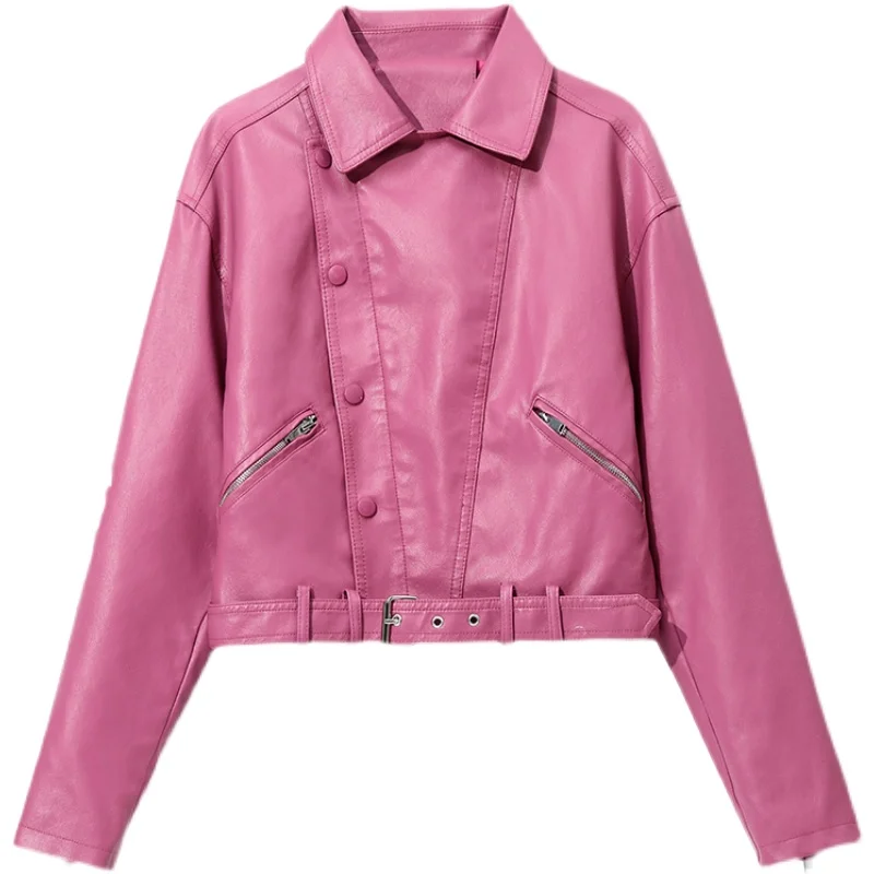 

Leather Short Coat 2021 Spring New Small Hong Kong Style High Waist Leather Jacket Fashion Motorcycle Rose Red Jacket