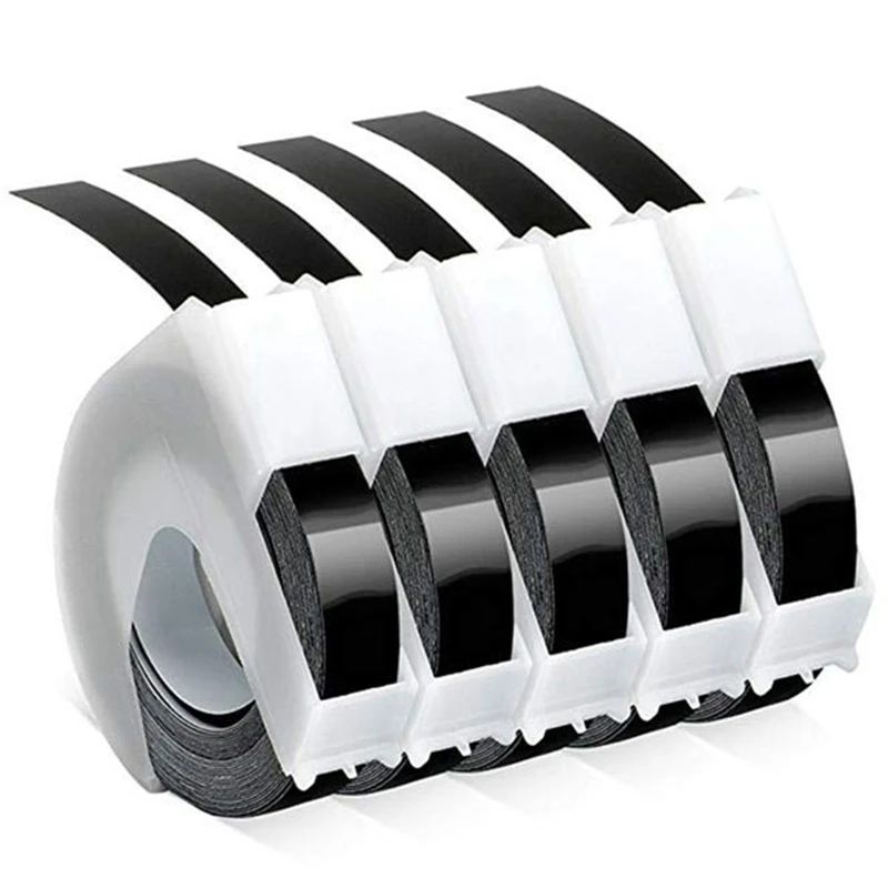 

5 Roll Embossing Label Tape Self-Adhesive 3D Plastic 9mm x White on Black for Dymo Embossing Label Makers