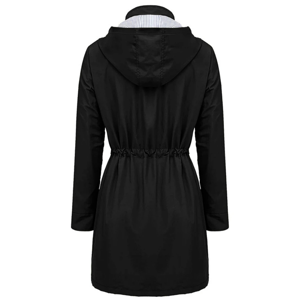 

ROPALIA Hooded Rain Coat Casual Ladies Waterproof Windproof Long Jacket Buttons Coat Female Long Sleeve Womens Outerwear