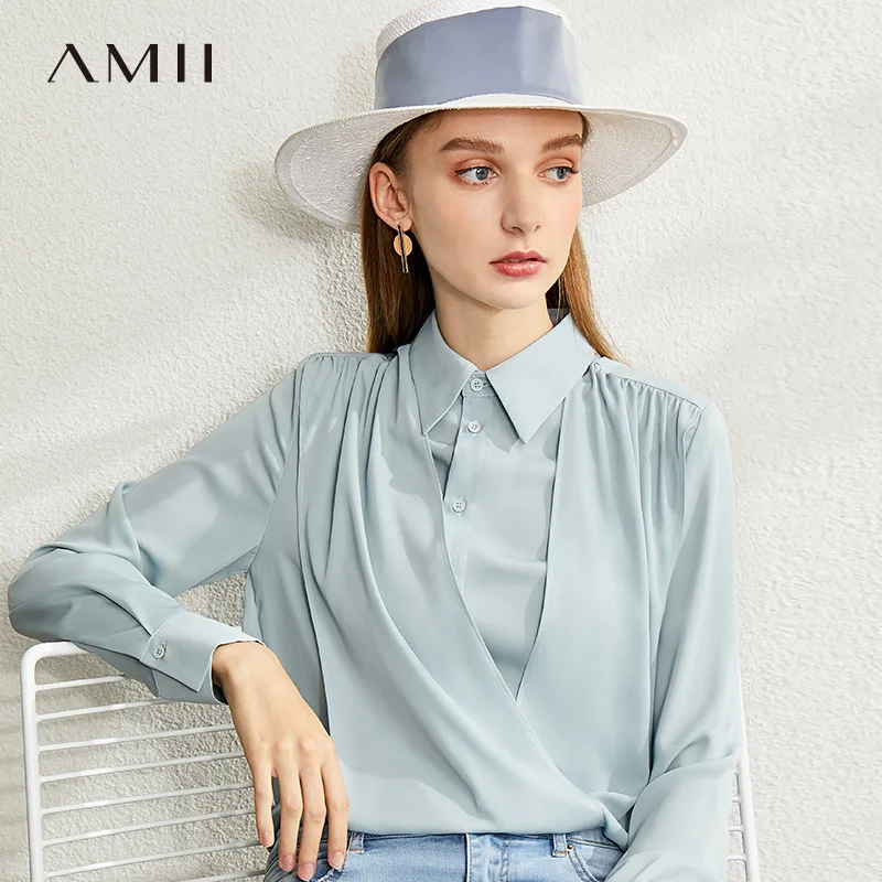 Amii Минималистичная Весенняя шифоновая блузка для женщин элегантная однобортная