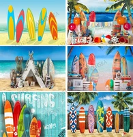 summer surfing photography background surfboard beach sea blue sky palm tree birthday decor party backdrop photo studio