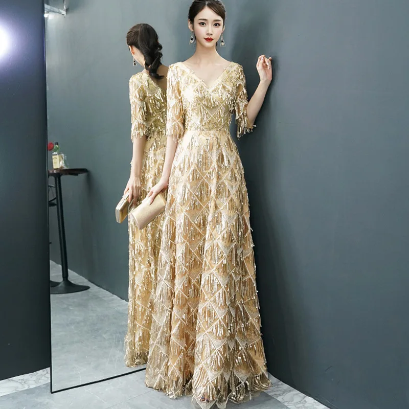 

V-neck Qipao dress Vintage Dresses Floor Length Sexy Evening Party Cheongsam charming Half Sleeve chinese traditional dress