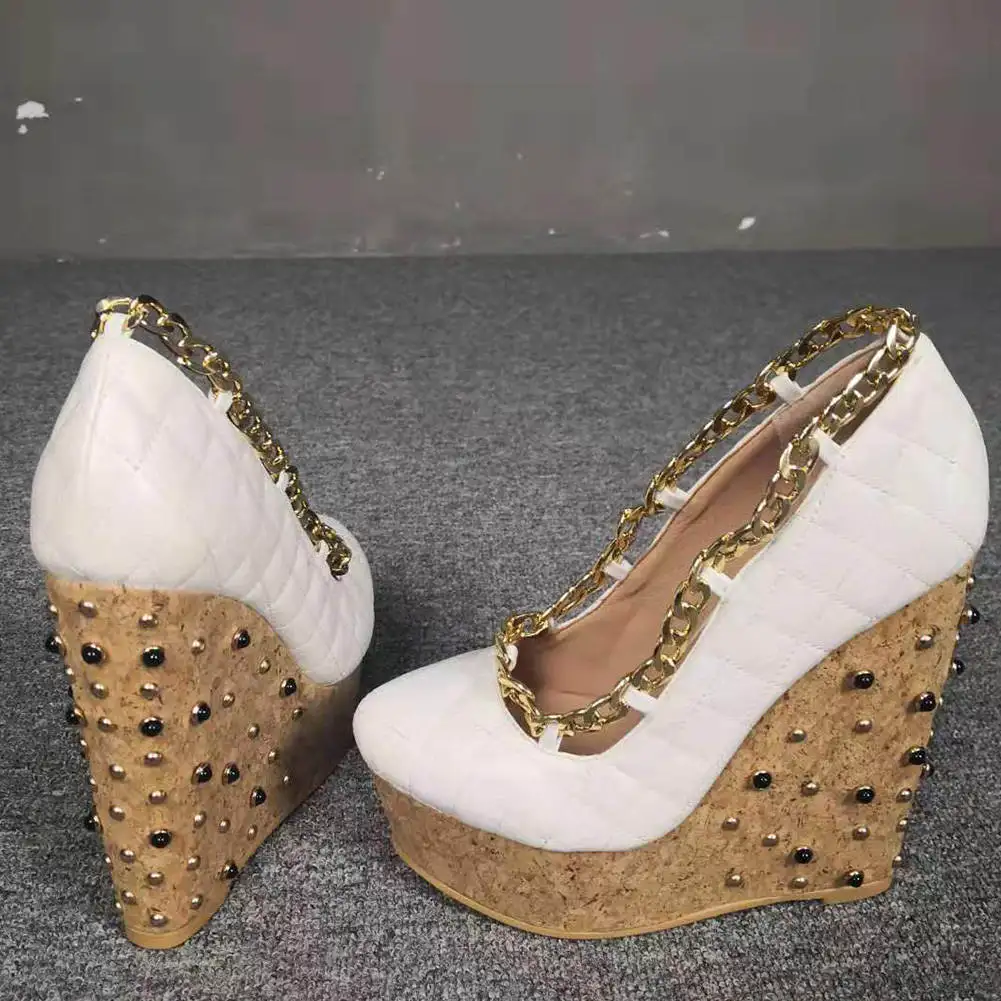 

SARAIRIS Luxury Female Party Dress Pumps Round Toe Platform Slip On Wedges Pumps Women Chain Rivet Shallow Shoes Woman