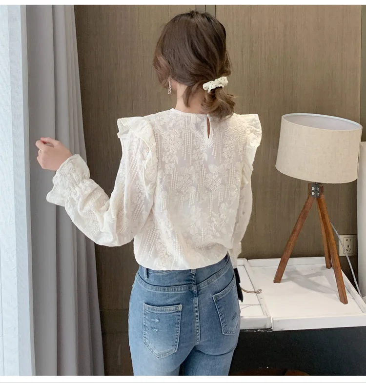 

Silk Women's Blouses Fashion Casual Silk Shirt New Korean Style Long-sleeved Top Solid Lace O-Neck Blouse Houthion