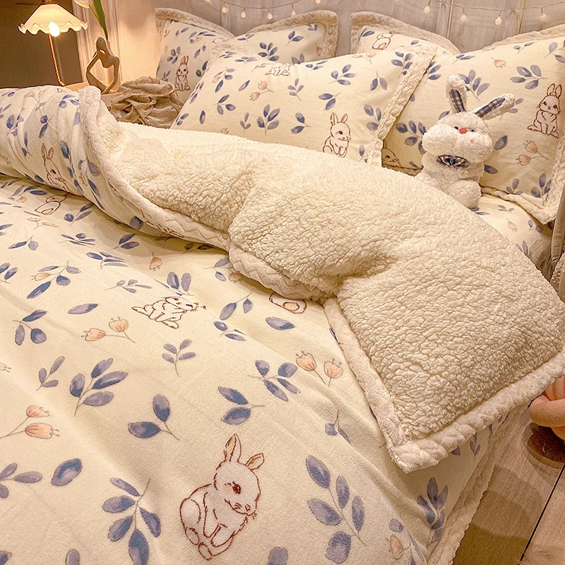 

Winter Thickened Lamb Flange Suede Bed Velvet Four-Piece Set Milk Coral Fleece Bed Sheet Quilt Cover Bedding Winter