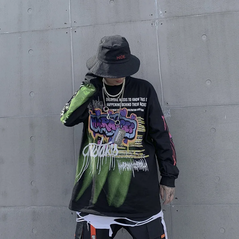 Футболка с длинными рукавами принтом граффити и круглым вырезом Мужская Уличная