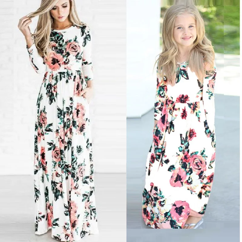 Flower Mother Daughter Long Dress Family Matching Clothes Mommy and Me Dresses Clothes Mom Baby Girl & Woman Outfits Family Look