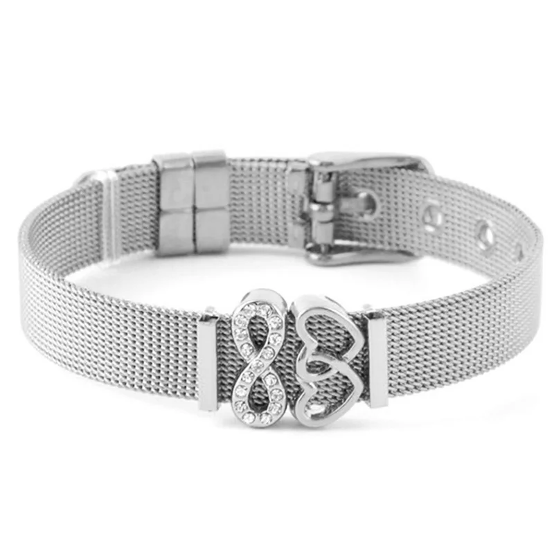 Сетчатый Браслет из нержавеющей стали розовое золото с кристаллом в виде сердца