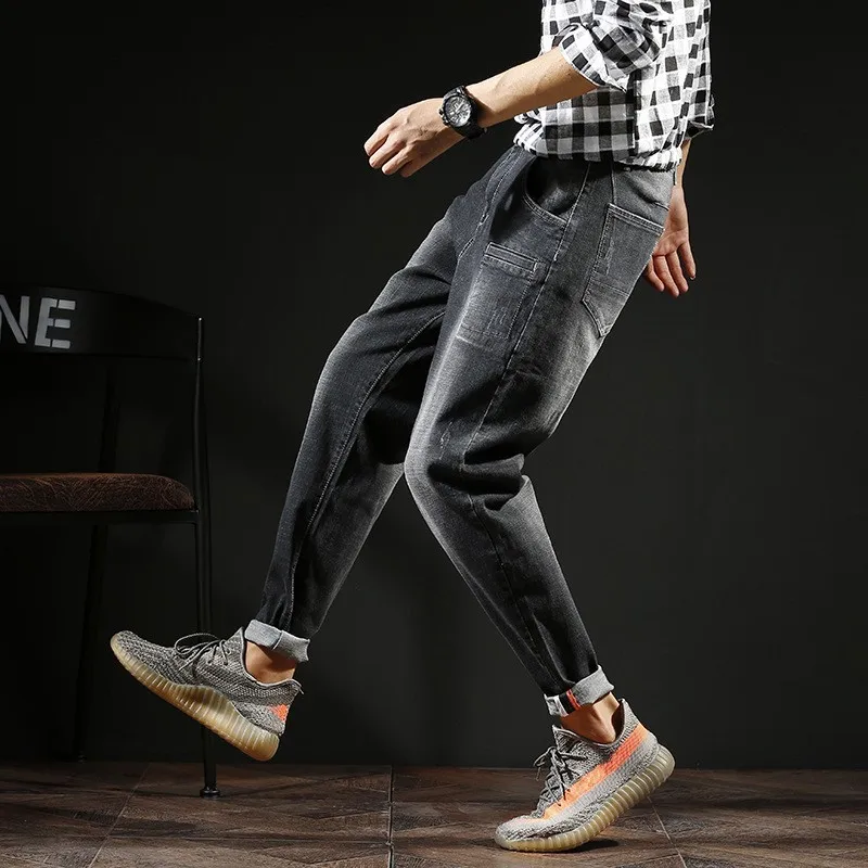 Япония стиль свободный крой Твердые Джинсовые брюки-кросс для мужчин весна осень