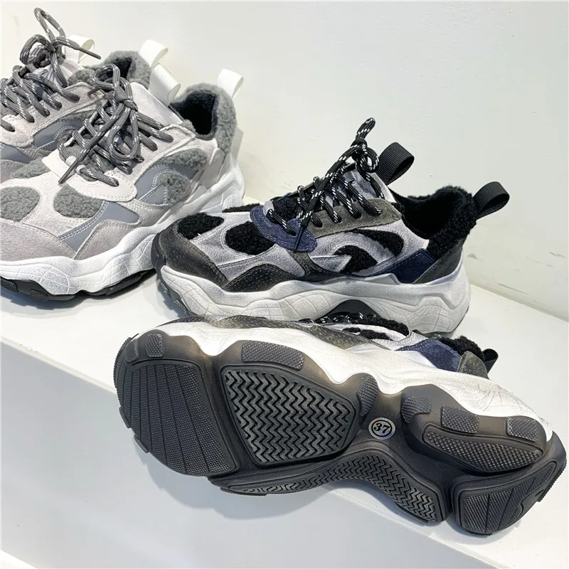 

New Women sneaker Winter Plush Women Sneakers Thick Bottom Casual Chunky Sneakers Retro Genuine Leather Dad shoes Design shoes