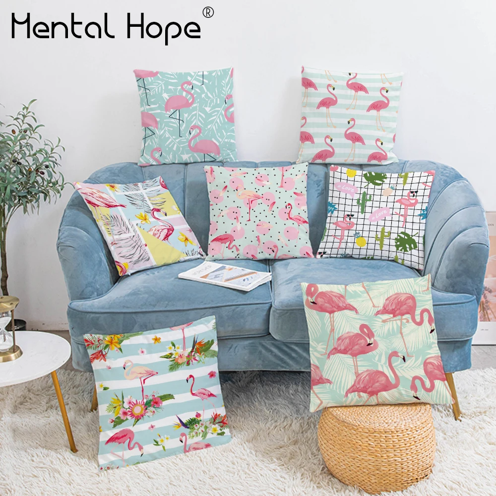 Pink Flamingo Printed Cushion Cover Plant Leaf Pattern Plush Decorative Throw Pillow Home Decor Square Pillowcase for Bed | Дом и сад