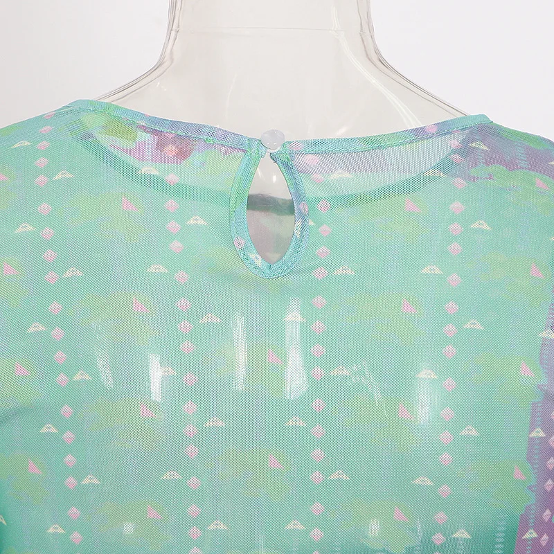 

2020 Summer Perspective Long Sleeve Crop Tops Tees Round Neck Sexy Mesh T Shirt Women Transparent Tee Shirt