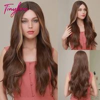 tiny lana synthetic long lace front wavy wig for black women dark brown with highlights high density wigs daily heat resistant