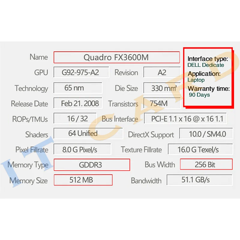 Видеокарта Quadro FX3600M FX 3600M GDDR3 512 Мб с X-образным кронштейном для ноутбука Dell Precision M6300
